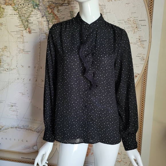 Who What Wear black long sleeve blouse white stars ruffle lace front button up M - Picture 3 of 11